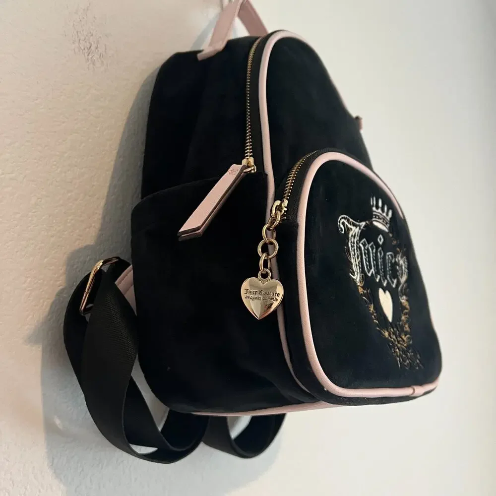 Juicy Couture Black/Pink Velvet Velour Mini Backpack Embroidered Bling Y2K